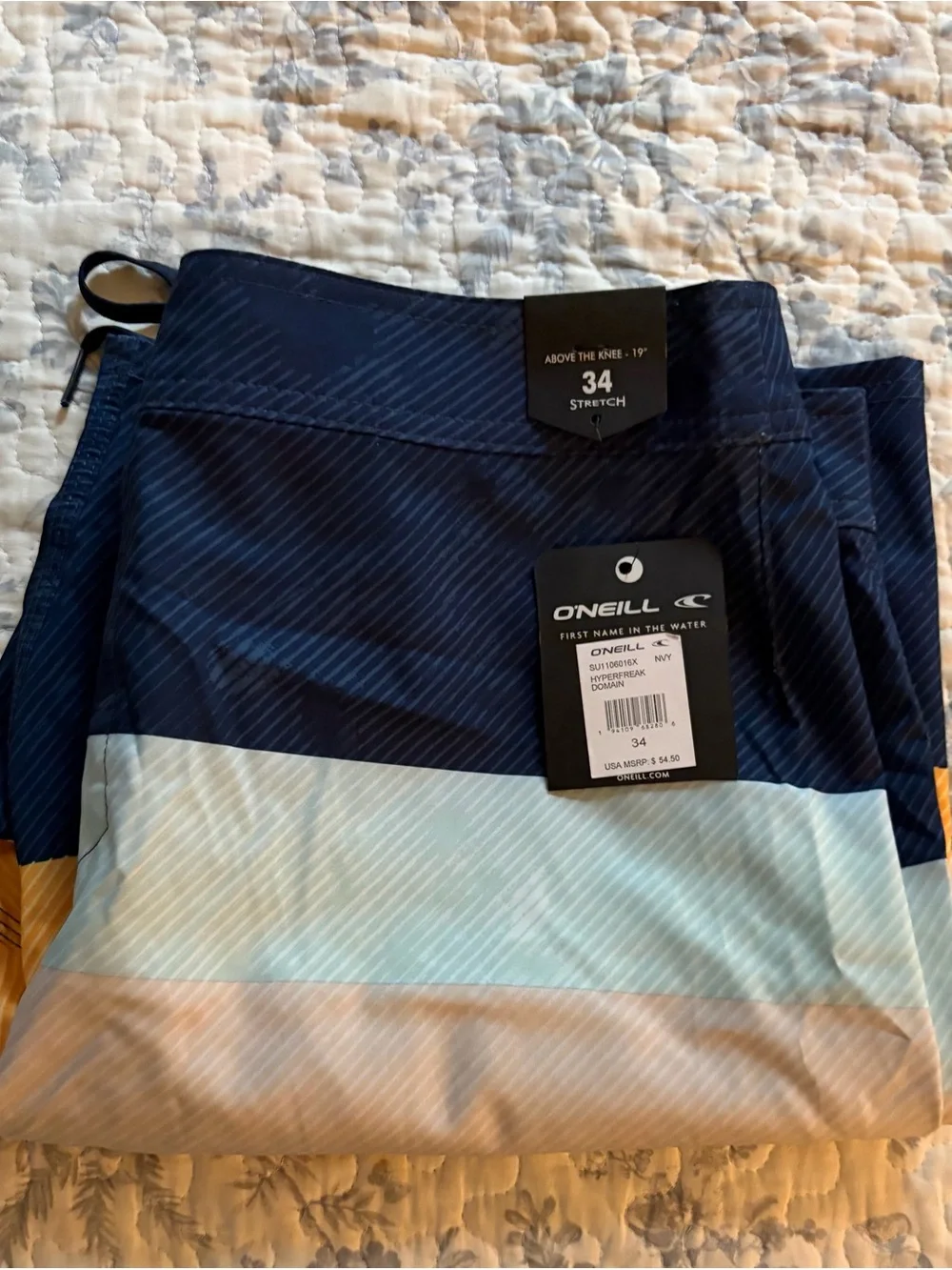 NWT O’Neill Men's 34 Navy, Light Blue, Yellow Striped Swim Boardshorts